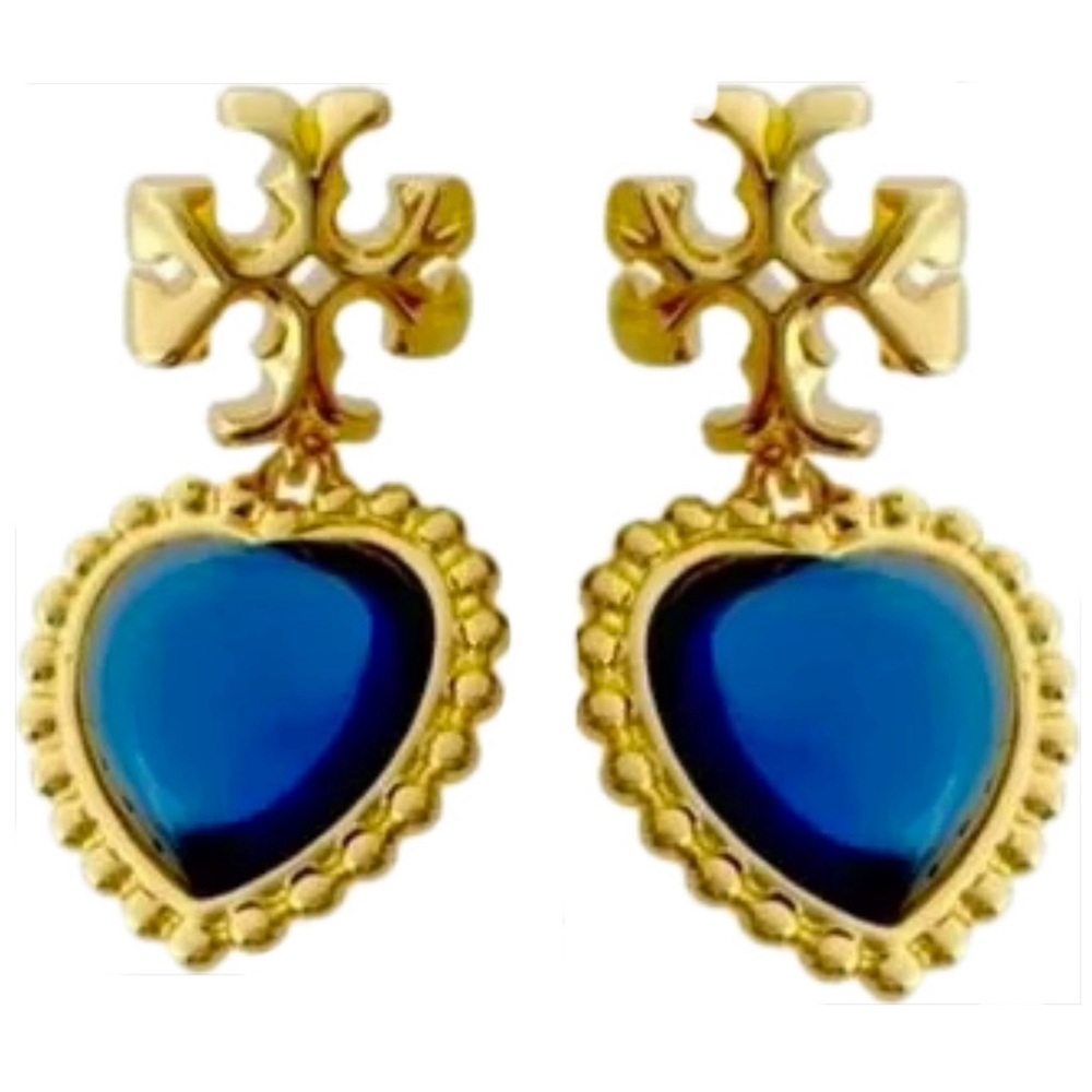 Tory Burch ROXANNE gold logo blue heart drop earrings 💙🩵 - Picture 6 of 6